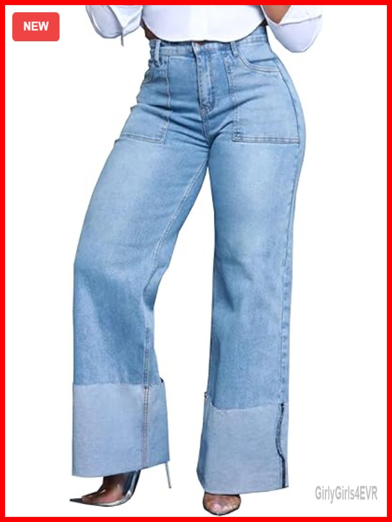 Women's Wide Leg Straight Jeans High Waisted Baggy Stretch Denim Pants